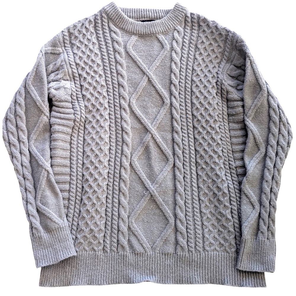VAMTAC Grey Cable Knit Sweater Diamond Crew Neck Wmns Sz M Fisherman Chunky Cozy